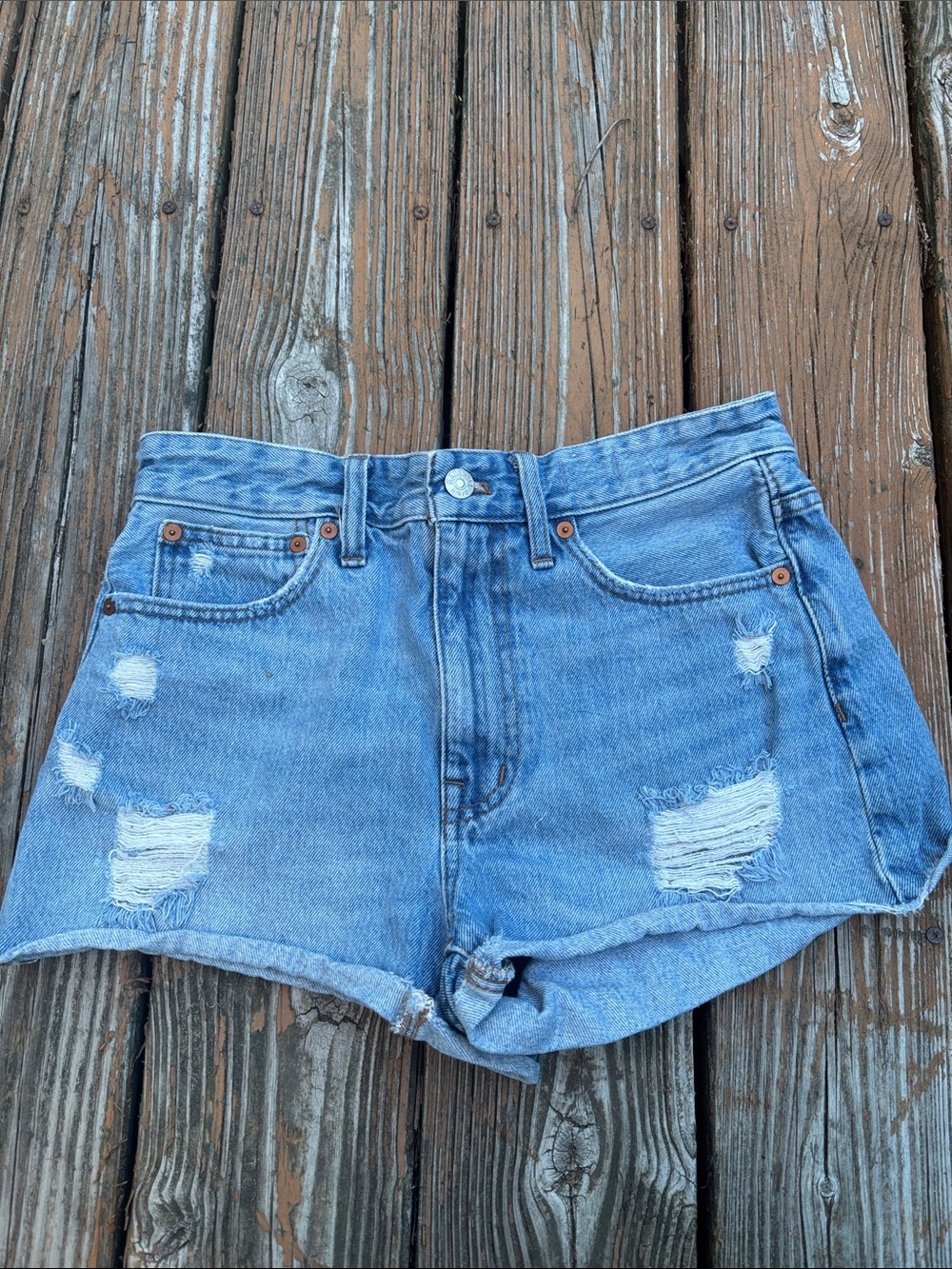 Madewell Light Blue Distressed High-Rise Denim Shorts
